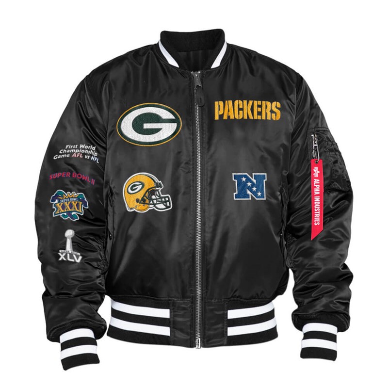 Black New Era Bay Packers X Alpha Industries Reversible Bomber Jacket | PJCF03658