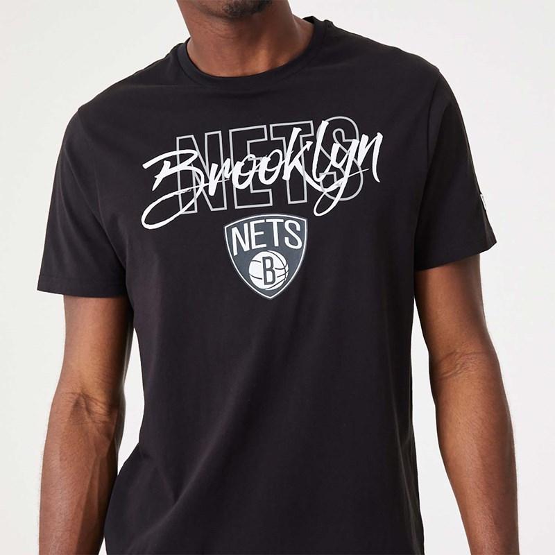 Black New Era Brooklyn Nets NBA Script T-Shirt | KVSG78149