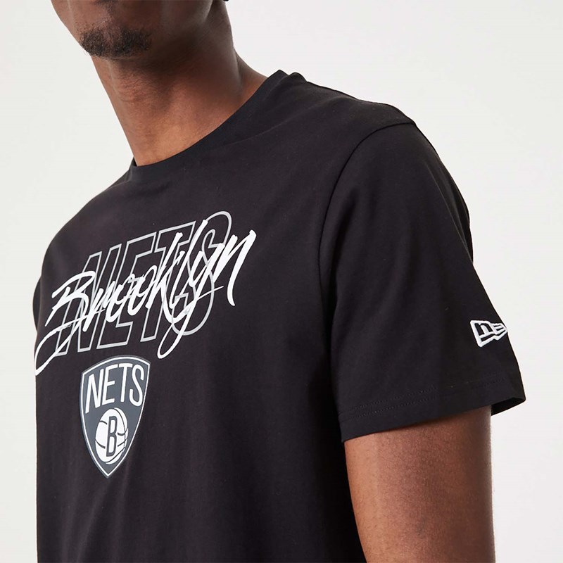 Black New Era Brooklyn Nets NBA Script T-Shirt | KVSG78149