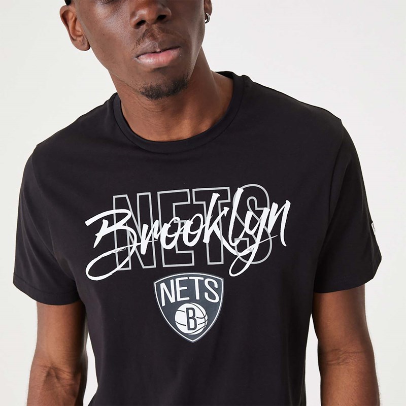 Black New Era Brooklyn Nets NBA Script T-Shirt | KVSG78149