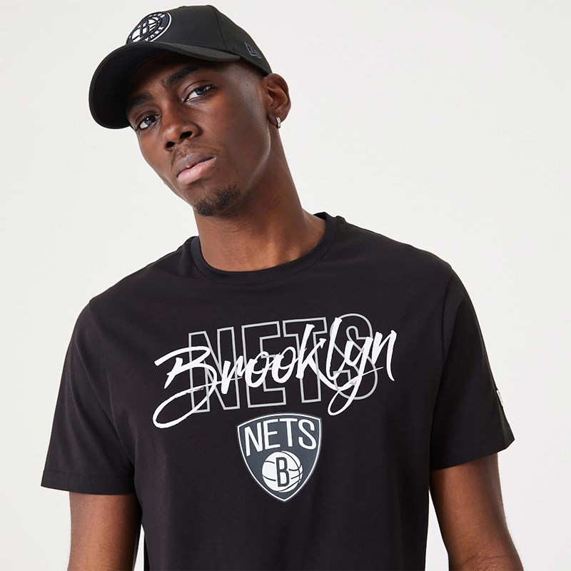 Black New Era Brooklyn Nets NBA Script T-Shirt | KVSG78149