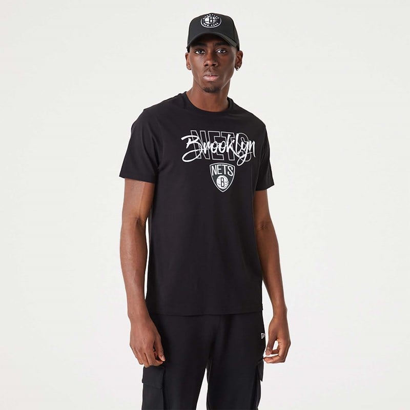 Black New Era Brooklyn Nets NBA Script T-Shirt | KVSG78149