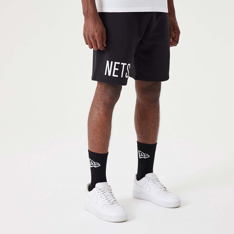 Black New Era Brooklyn Nets NBA Wordmark Oversized Shorts | FXPI27930