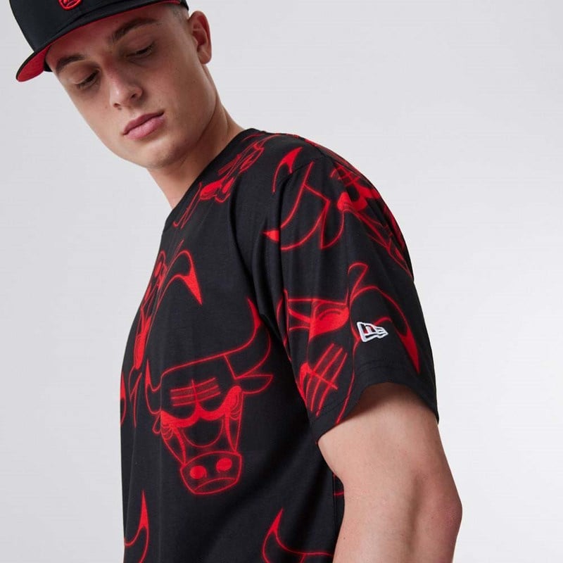 Black New Era Chicago Bulls All Over Print Neon T-Shirt | EIPQ93025