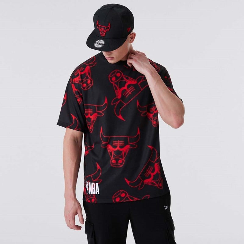 Black New Era Chicago Bulls All Over Print Neon T-Shirt | EIPQ93025