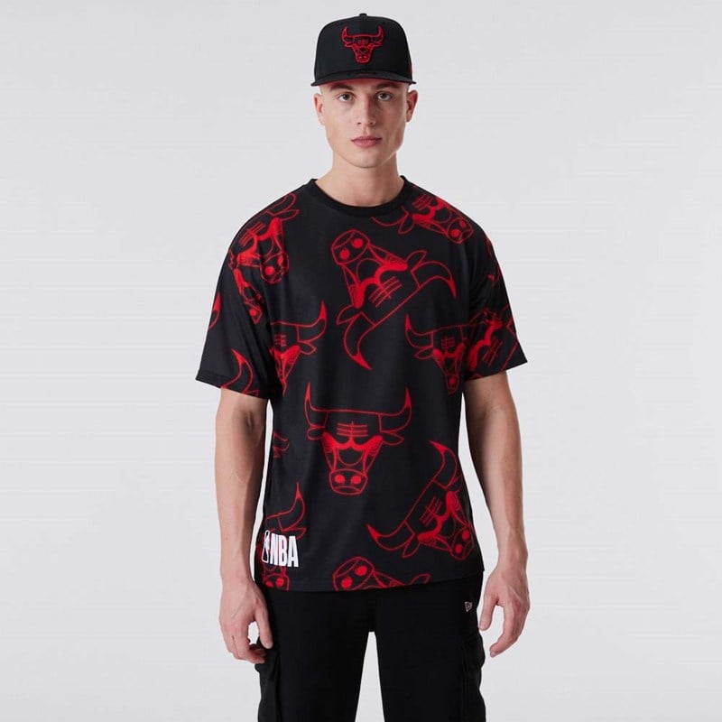 Black New Era Chicago Bulls All Over Print Neon T-Shirt | EIPQ93025