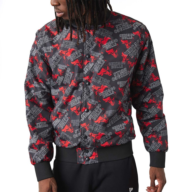 Black New Era Chicago Bulls Logo Print Bomber Jacket | ERMG04576