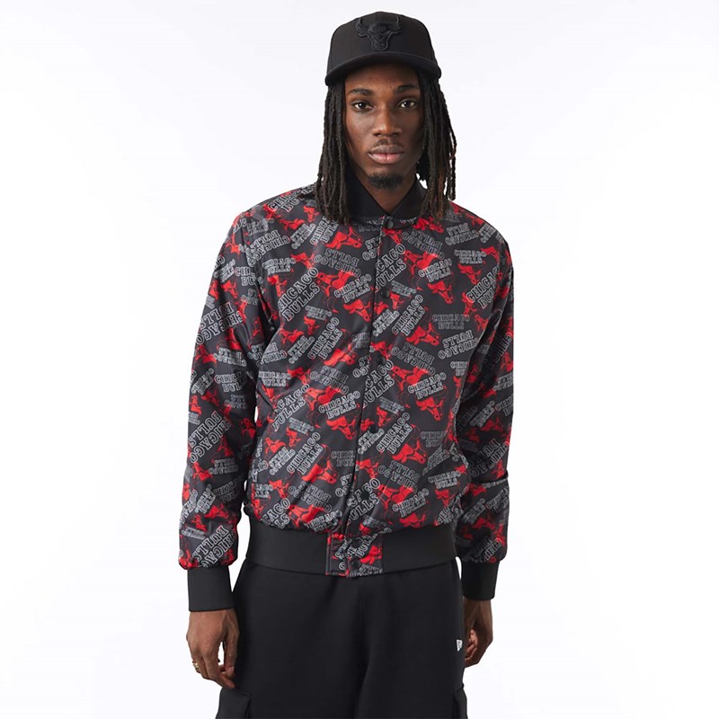 Black New Era Chicago Bulls Logo Print Bomber Jacket | ERMG04576