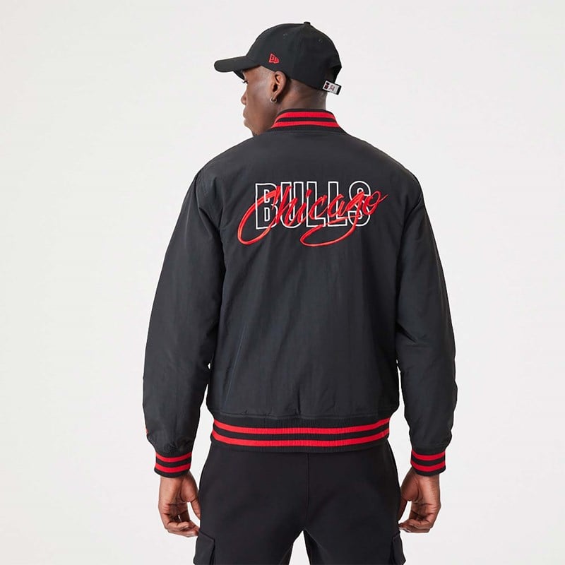 Black New Era Chicago Bulls NBA Script Bomber Jacket | XTBP67421