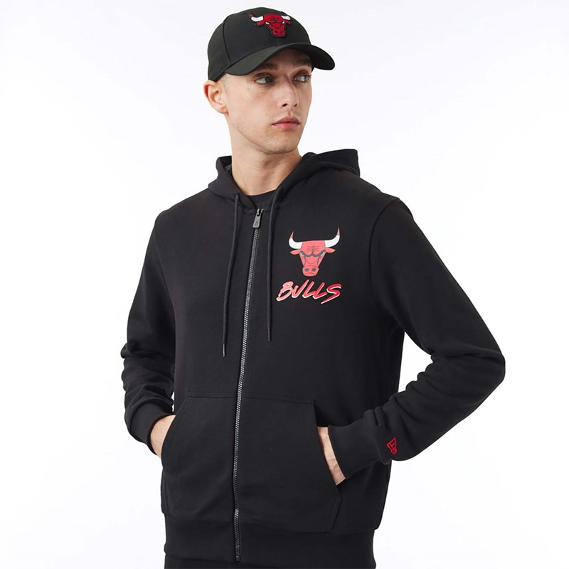 Black New Era Chicago Bulls NBA Script Zip Hoodie | QRSO24971