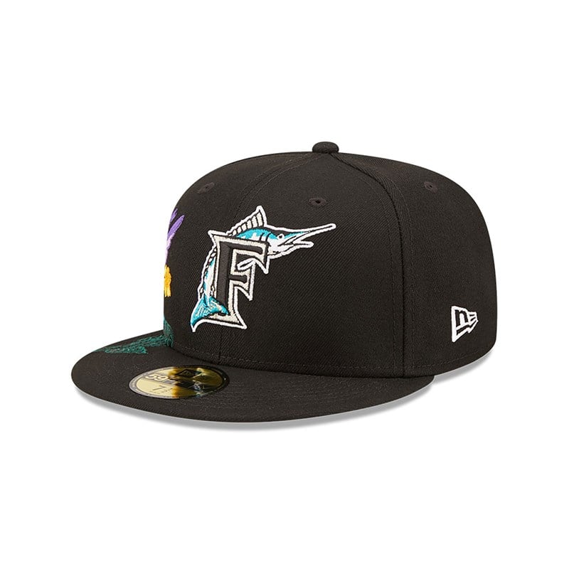 Black New Era Florida Marlins MLB Blooming Fitted Cap 59fifty | DXWZ68273