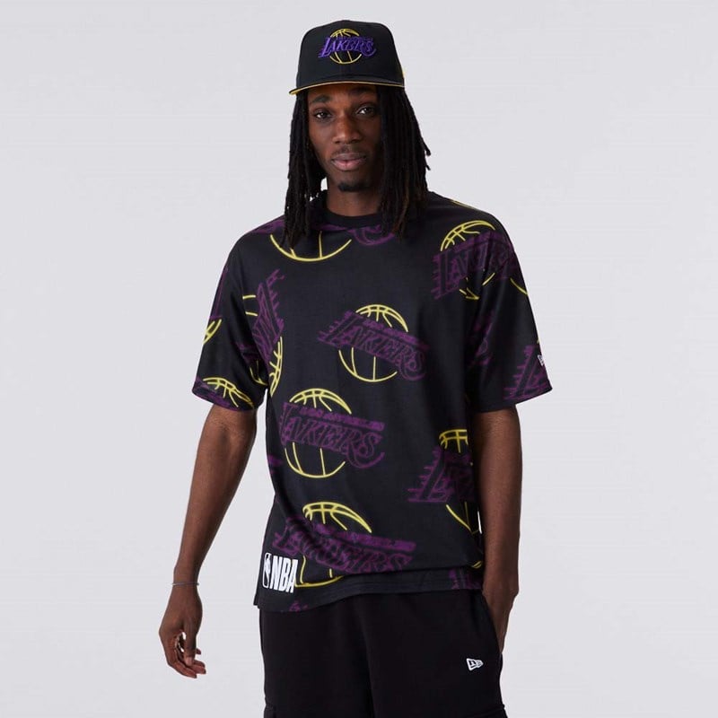 Black New Era La Lakers All Over Print Neon T-Shirt | ANLB79540