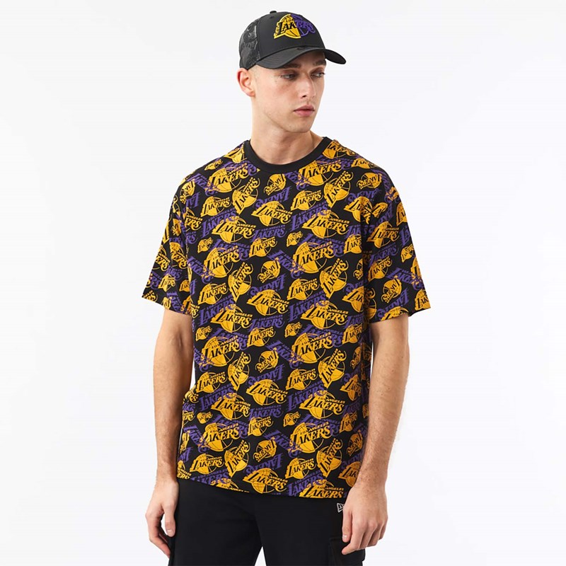 Black New Era La Lakers Logo Print Oversized T-Shirt | XNTG01852