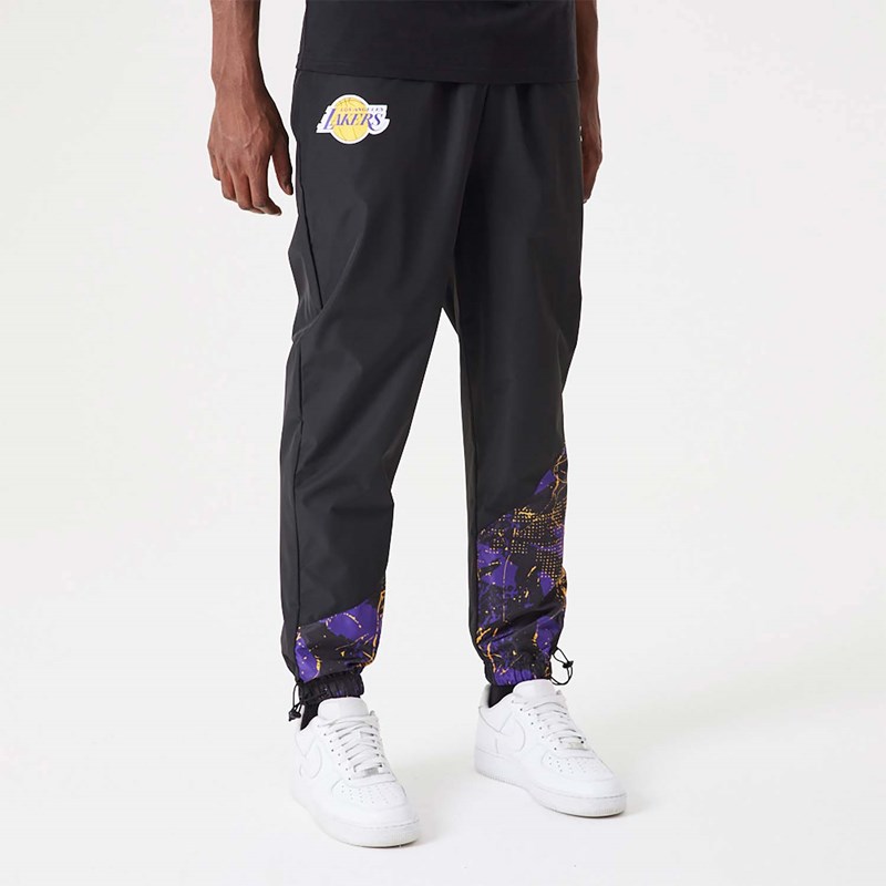 Black New Era La Lakers NBA All Over Print Panel Joggers | RMZO59237