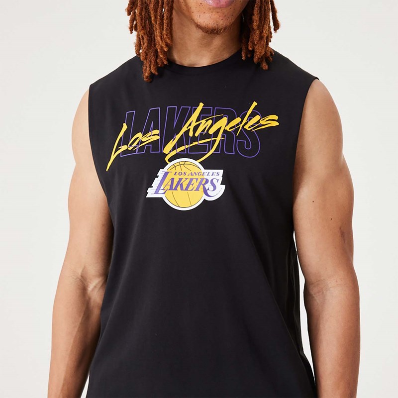 Black New Era La Lakers NBA Script Essential Tank Top T-Shirt | OCFW60832