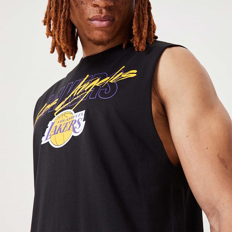 Black New Era La Lakers NBA Script Essential Tank Top T-Shirt | OCFW60832