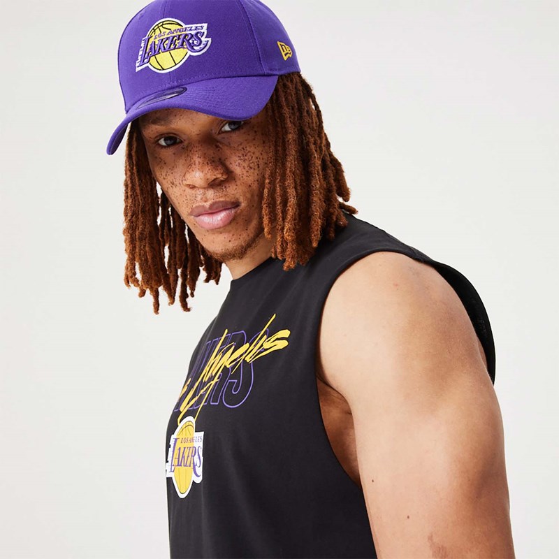 Black New Era La Lakers NBA Script Essential Tank Top T-Shirt | OCFW60832