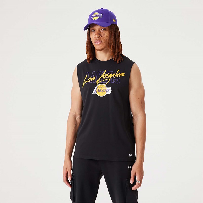 Black New Era La Lakers NBA Script Essential Tank Top T-Shirt | OCFW60832