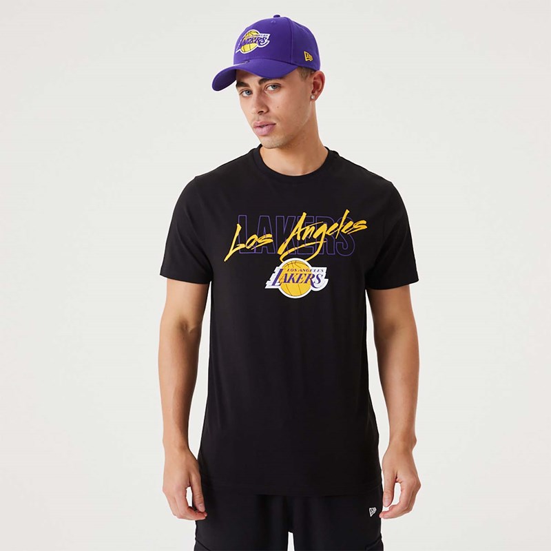 Black New Era La Lakers NBA Script T-Shirt | JQZY04926