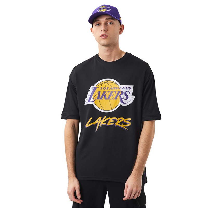 Black New Era La Lakers NBA Script T-Shirt | TIBD59067