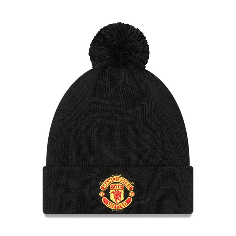 Black New Era Manchester United Wordmark Bobble Beanie Hat Knit | BHEX71369