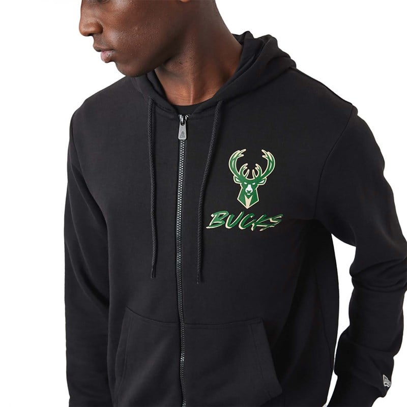 Black New Era Milwaukee Bucks NBA Script Zip Hoodie | VGSO91248