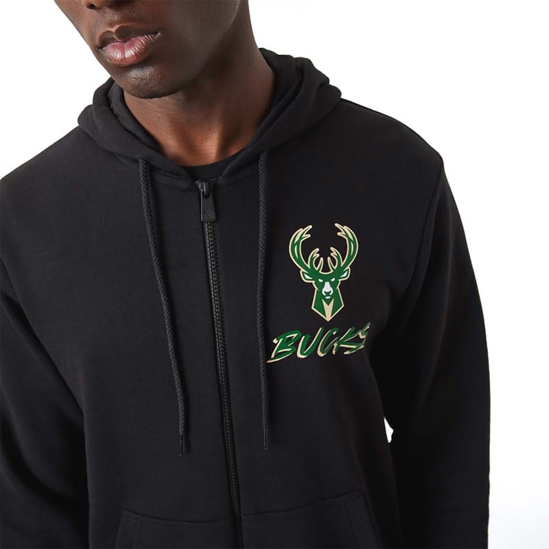 Black New Era Milwaukee Bucks NBA Script Zip Hoodie | VGSO91248