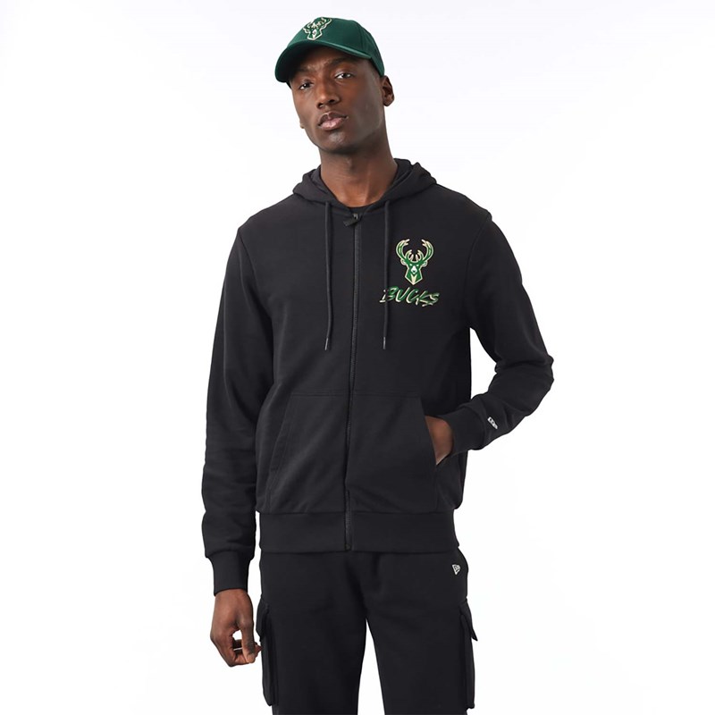 Black New Era Milwaukee Bucks NBA Script Zip Hoodie | VGSO91248