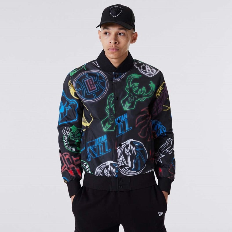 Black New Era NBA All Over Print Bomber Jacket | ACFL59046