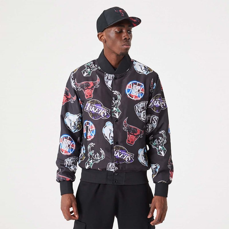 Black New Era NBA All Over Print Team Logos Bomber Jacket | QVZR17634