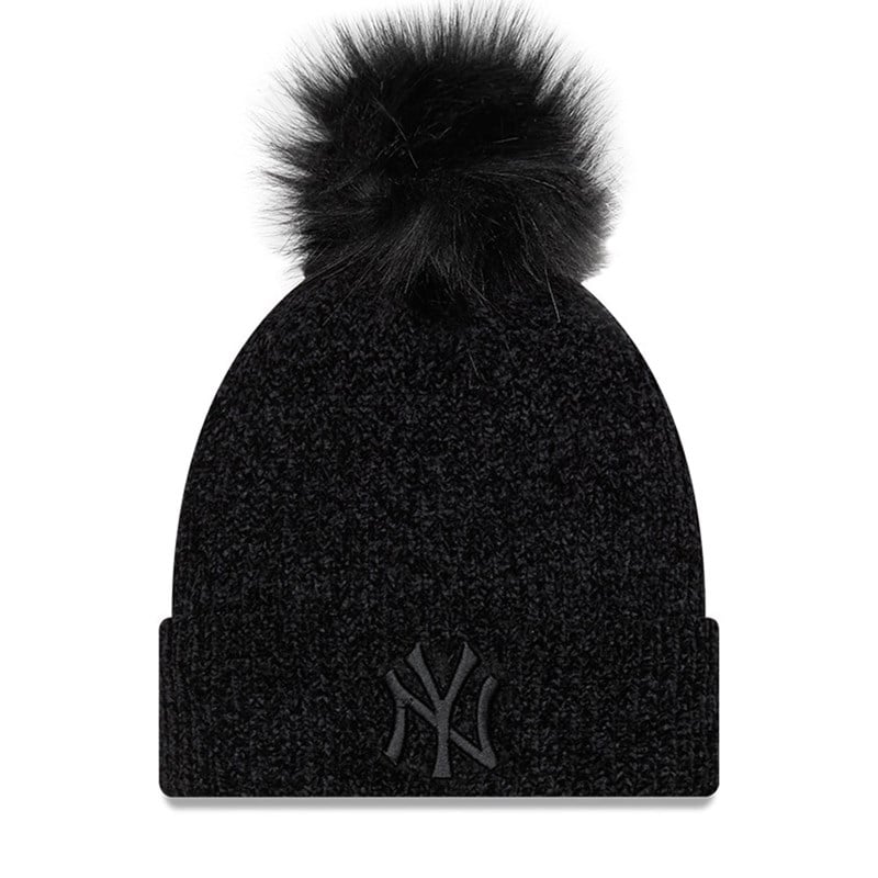 Black New Era New York Yankees Chenille Womens Bobble Beanie Hat Knit | YWOK37584