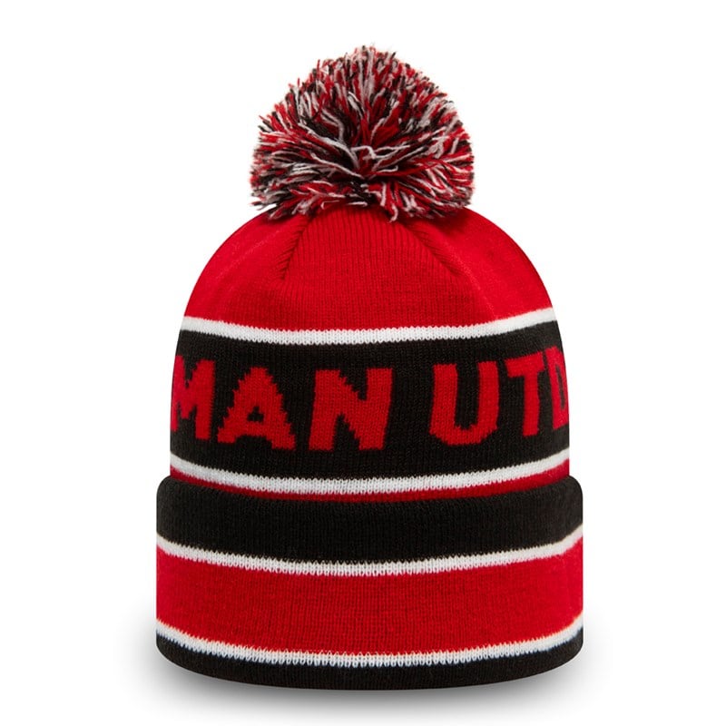 Red New Era Manchester United Striped Bobble Beanie Hat Knit | NYKW63145