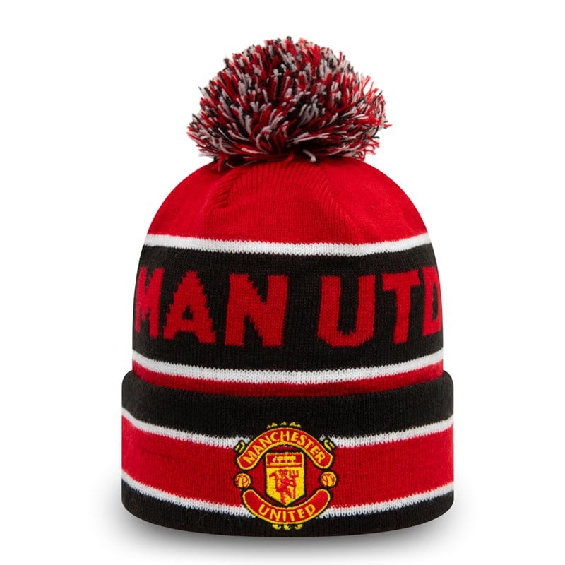 Red New Era Manchester United Striped Bobble Beanie Hat Knit | NYKW63145