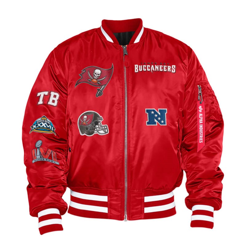 Red New Era Tampa Bay Buccaneers X Alpha Industries Reversible Bomber Jacket | SIBG36985