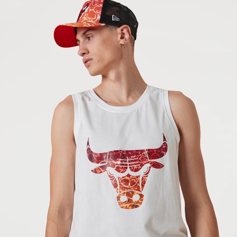 White New Era Chicago Bulls NBA Team Colour Water Print Tank Top T-Shirt | YSNH17295