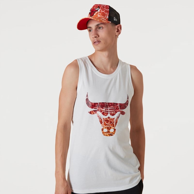 White New Era Chicago Bulls NBA Team Colour Water Print Tank Top T-Shirt | YSNH17295