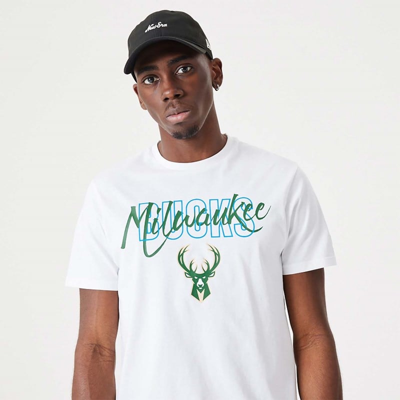 White New Era Milwaukee Bucks NBA Script T-Shirt | NMUY74201