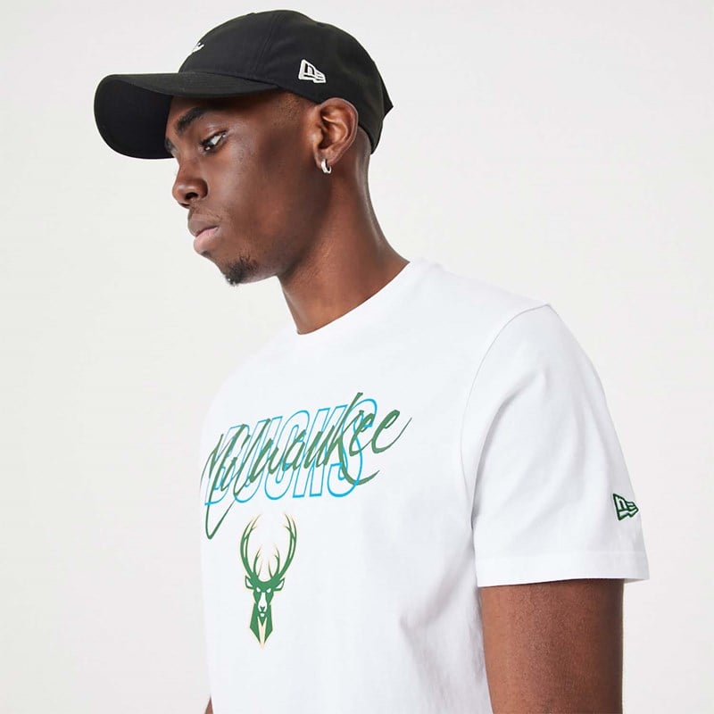 White New Era Milwaukee Bucks NBA Script T-Shirt | NMUY74201