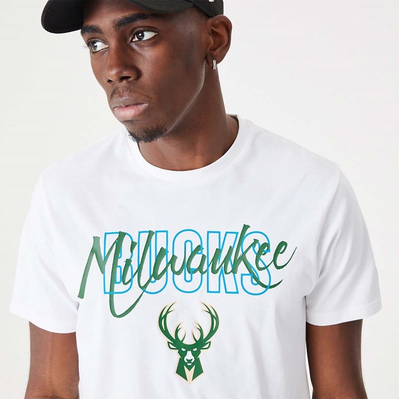 White New Era Milwaukee Bucks NBA Script T-Shirt | NMUY74201