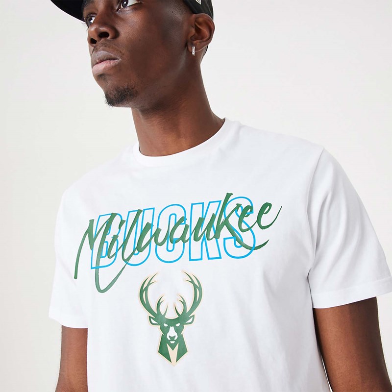 White New Era Milwaukee Bucks NBA Script T-Shirt | NMUY74201