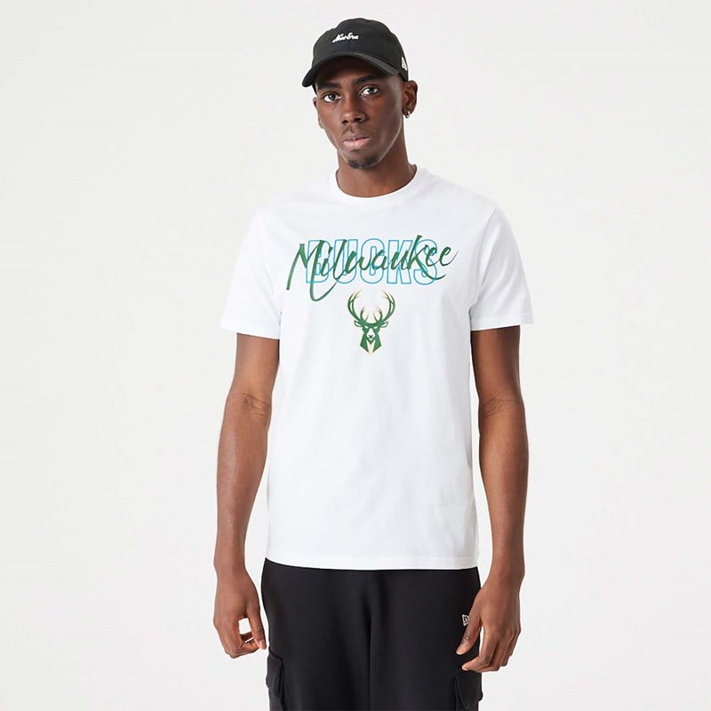 White New Era Milwaukee Bucks NBA Script T-Shirt | NMUY74201