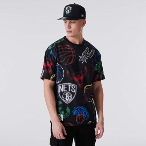 Black New Era NBA All Over Print Neon T-Shirt | EWQJ53279